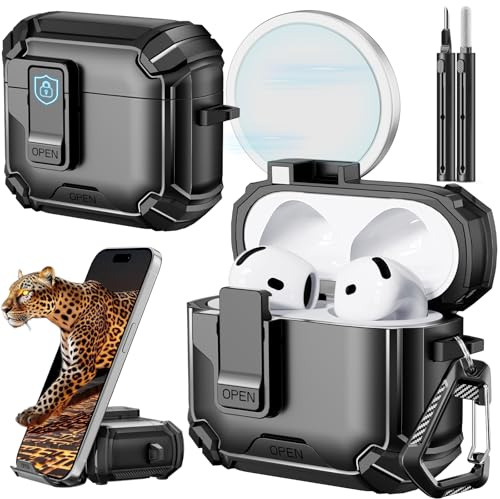 Inesore for AirPods 4 Hülle (2024) with Phone Stand Design, Compatible with MagSafe, Auto-Locking Case Cover for Air Pods 4 with Cleaning Kit & Keychain, Black