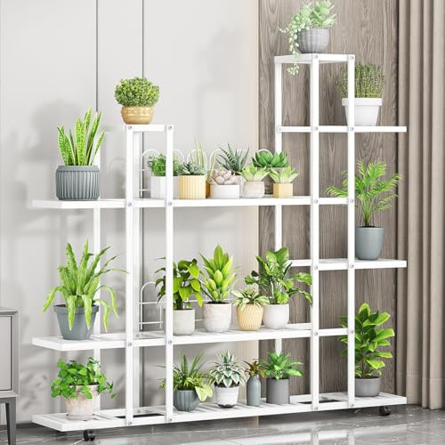 Niwugady Soporte para plantas para interiores y exteriores, estante esquinero de hierro forjado de 7 niveles con ruedas, estante portátil de exhibición de plantas de flores escalonado para sala de