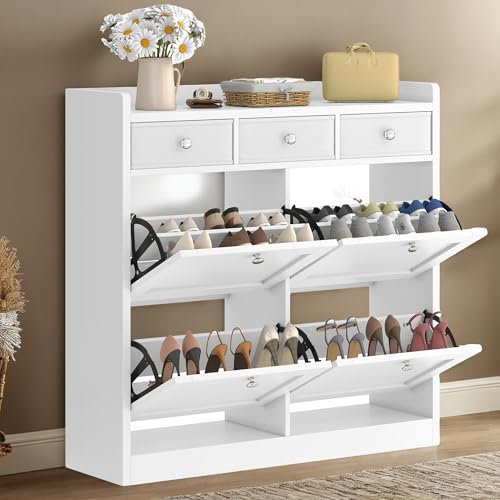 YITAHOME Schuhschrank, Schuhregal Schuhkipper Schmal, Schuhschrank Weiss mit 4 Klappen, Shoe Cabinet Schuhkommode schuhschrank mit Schublade für Eingangsbereich, Flur (Weiss)