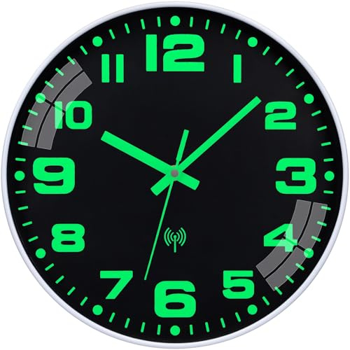 NESIFEE Horloge Murale Radio-pilotée Lumineuse sans Bruit de tic-tac Silencieuse Grand Fonctionne sur Piles Facile à Lire pour Chambre Cuisine Chambre à Coucher (Radio pilotée Lumineuse B, 25 cm)