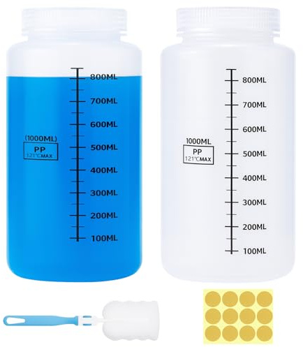Sheryl&Rain 2 stycken 1 000 ml bred halsflaska plast, laboratorieprovflaska med bred öppning, förseglad, läckagesäker, genomskinlig, PP-flaska, för pillerflaskor, vattenprovflaskor