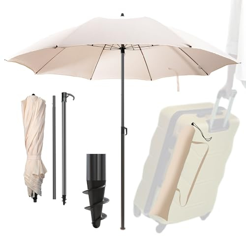 Menz Sonnenschirm Strand Ø 160 cm in Beige - Funktioneller Reise Sonnenschirm UPF 50+ für Koffer - Praktischer Strandschirm klein faltbar, kompakter Strandschirm koffertauglich