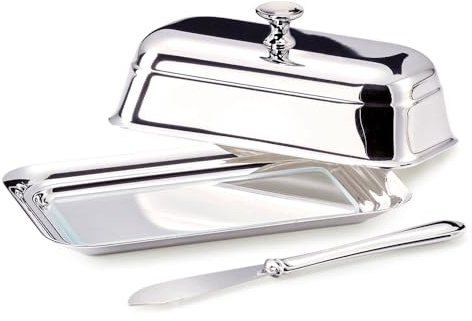EDZARD Butterdose Mary 8 x 13 cm, edel versilbert, mit Glasplatte, für 180 Gramm Butter, mit passendem Buttermesser - Butterglocke, Butterschale, Dose für Butter, Aufbewahrung