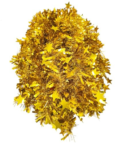 AMLOOPH Gold Tinsel, 10m Thick Gold Tinsel Garland For Christmas Tree Decorations, Chunky Christmas Tinsel With Star Garland For Stairs Ceiling Door Xmas Home Decoration