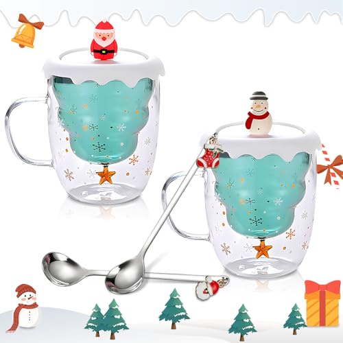 Weihnachtstasse, Weihnachten Doppelwandige Gläser mit Löffel, Tasse Personalisierte für Cappuccino, Latte Macchiato, Tee, Milch, EIS, Bier, Weihnachtsgeschenke für Frauen, Mama, Eltern, Freundin