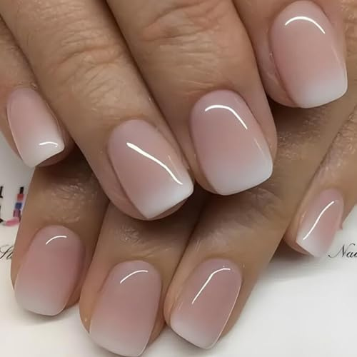 Xanthelle Press on Nails, Short Square Fake Nails mit Hellrosa-Weiß Ombre Design, Künstliche Nägel zum Aufkleben, Wiederverwendbares Press on Nails Set