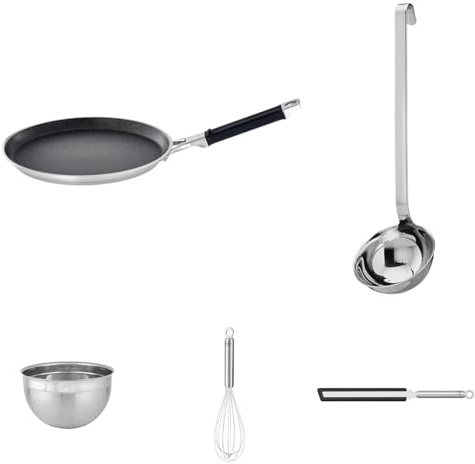 RÖSLE Pfannkuchen Set 5 teilig, Pfanne 28 cm, Schüssel 3,1 Liter, Schneebesen, Pfannkuchen Wender Silikon, Haken Schöpflöffel, Edelstahl, silbern