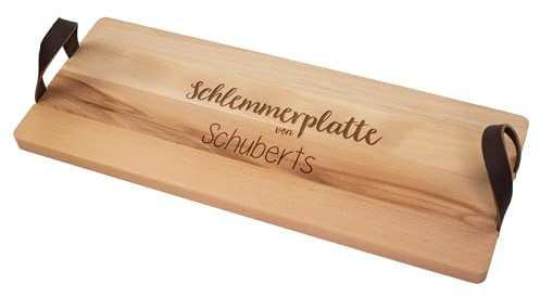Herz & Heim® Servierbrett personalisiert mit Gravur – Holzbrett aus Buchenholz mit Ledergriffen – Geschenkidee Schneidebrett (Schlemmerplatte)