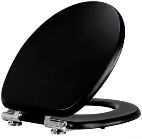 Asiento de inodoro de madera de cierre suave de 18 mm de grosor, construcción de madera, compatible con inodoros estándar en forma de O, color negro, fácil de limpiar, liberación rápida, aleación de