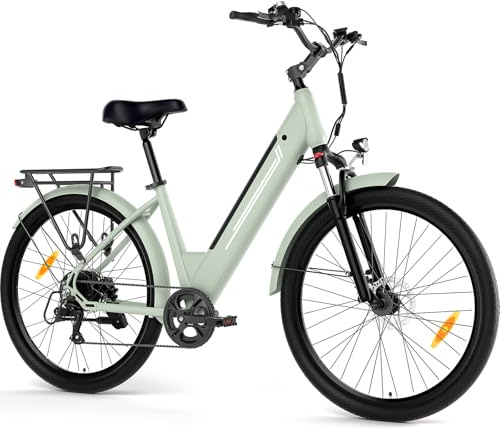 Junglor Bici elettrica donna 250 W Motore, Pneumatici da 27.5 E-bike Per Pendolari Urbani, 36V 15.6Ah Batteria Rimovibile, Autonomia di 100 km, 7 Velocità, Freni a disco idraulici, E-Bike per Adulti