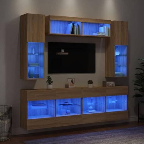 Mandloder Lot de 6 meubles TV en chêne Sonoma avec éclairage LED RVB 30,5 x 30 x 102 cm pour salon, design moderne, matériau en bois