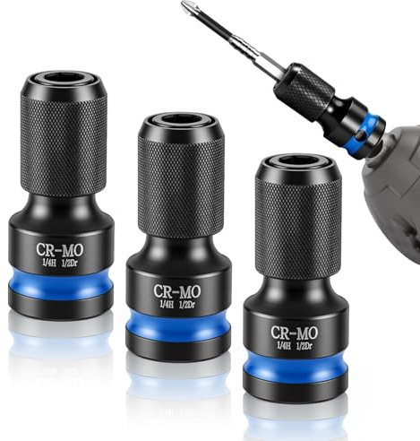 Juego de 3 Adaptador 1/2 a 1/4 Cr-Mo Adaptador Carraca Hexagonal 1/4 | Cuadrado 1/2 a Hexagonal 1/4 Diseño Duradero Antideslizante para Llaves de Impacto y Llaves Neumáticas