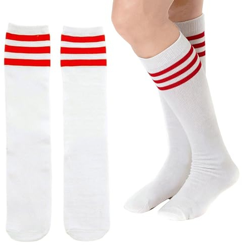 BDGYCK Knee High Socks, 3 Striped Long Tube Stockings | Kids Stripe Over Knee Soccer Tube Socks, Knee High Sports Sock for Girls Kids Cheerleader Halloween Accessories White Red