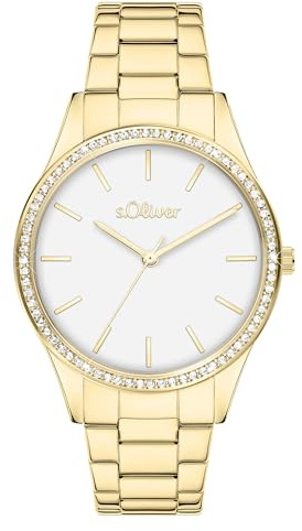 s.Oliver Damenuhr mit funklenden Steinen und Edelstahlband - 34 mm - sportlich-elegant - Metallbanduhr mit Zirkoniasteinen - hoher analoge Armbanduhr mit Quarzwerk - 3 ATM wasserdicht - Geschenkidee