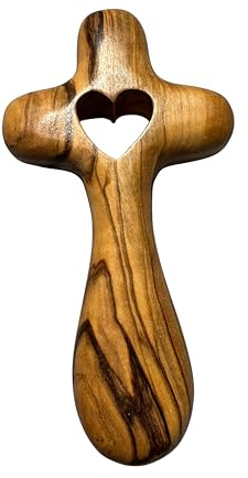 FROM THE HOLY LAND Handmade Olive Wood Cross Handheld Wooden Cross with Heart, Fish or Holy Spirit (Dove) Design – Includes Authenticity Certificate (Heart)