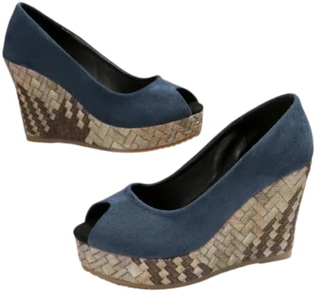XHZPF Scarpe singole con tacco alto con tacco alto con tacco a cuneo bocca per donne in autunno, nuova scarpa singola poco profonda(Blu,36)