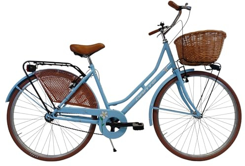 CICLI DANTE - Bicicletta donna da città per passeggio Olanda 26, classica stile retrò ad una velocità, con particolati miele e cestino anteriore in vimini (Azzurro pastello)