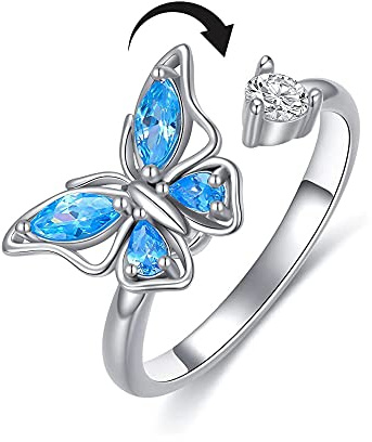 Blauer Kubik Zirkonia Schmetterling Spinner Fidget Ring für Frauen Mädchen Angst frei drehen Inspirationen Schmuck Beruhigende Sorge Meditation Einstellbare Stapelung Mittelfinger Ring Geburtstag