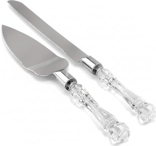 LUSHIG Cake Knife and Server Set, Cake Cutter and Pie Spatula,Stainless Steel Blade Faux Crystal Handle Wedding Cake Cutting Set, Silver Knife Set for Party, Birthday, and Anniversary (Clear Silver)