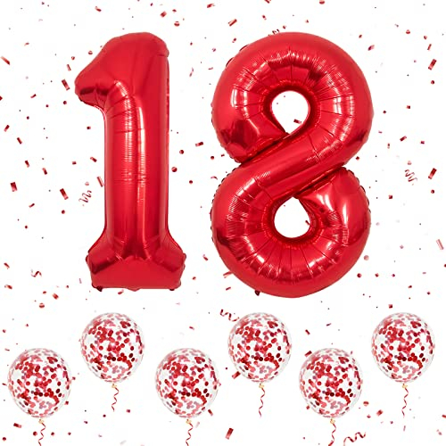 Palloncini Numero 18 Rossa, Palloncini Numero 1 e 8 Grandi in Lamina da 40 Pollici con 6 Palloncini Elio Coriandoli Rossa, Palloncino 18 Compleanno per Ragazze Ragazzi Feste Romantiche Anniversario