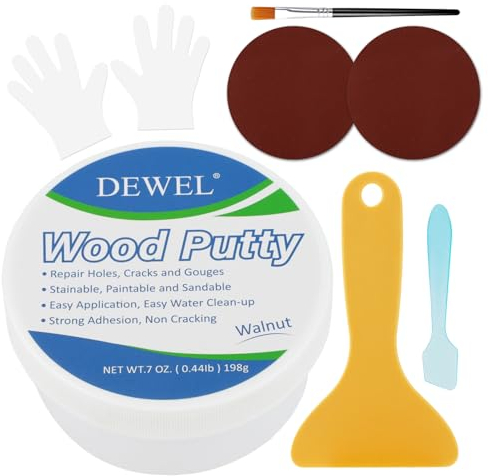 DEWEL Holzkitt Reparaturset - Holzkitt Walnuss 200 g Reparaturspachtel Wasserbasis - Löchern und Rissen