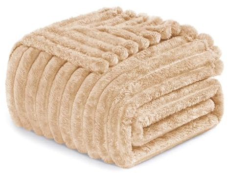 Exclusivo Mezcla Couverture Polaire, Plaid Canapé en Rayé, Couverture de Lit Super Douce en Jacquard, Léger et Moelleux pour Toutes Les Saisons, 130x150CM, Chameau