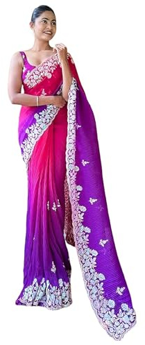 IMTRA FASHION Bollywood Sari Für Damen Georgette Stickerei Indisches Sari-Kleid Mit Ungesäumtem Blusenteil – Pink Und Lila