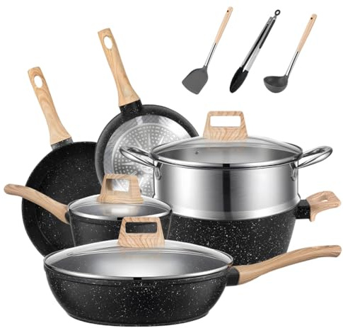 MDHAND 12-Piece Black Granite Coating Non-Stick Cookware Set, Includes Frying Pans, Stirring Pans and Soup Pots for Cooking, Roasting and Cooking