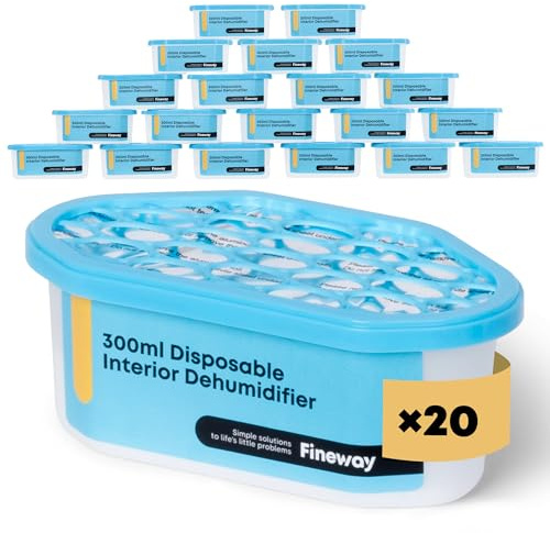 FineWay 300ml Disposable Interior Dehumidifiers - 20-Pack Moisture Absorber - Helps Stop Damp, Mildew, Mould and Condensation - Ideal Dehumidifier for Home, Kitchen, Wardrobe, Caravan, Garage