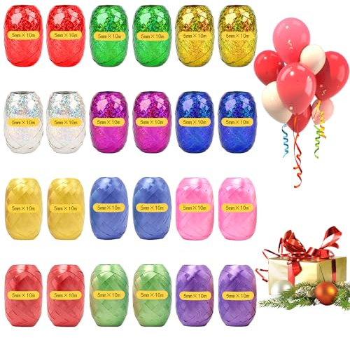 24 Rollen Geschenkband Kräuselband Ringelband Set, 10M Je Rolle Ringelband Bunt, Geschenkbänder für Geburtstag Luftballons, Hochzeit, Feier, Party Deko,Weihnachten,Verpacken Von Geschenken