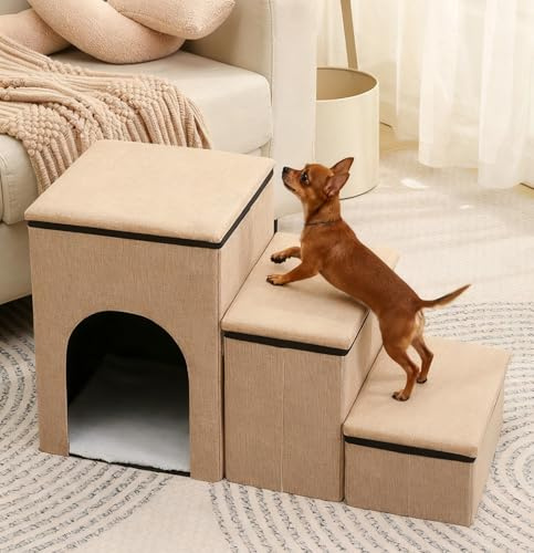 Escaleras Para Perros Pequeños,Escaleras Para Gatos,Escaleras Plegables Para Mascotas Con Caja De Almacenamiento E Perrera, Escalones De Altura Ajustable Para Sofá/Cama,Rampa Antideslizante A