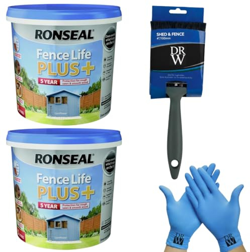 DRW X2 One Coat Shed & Fence Protector Cornflower 5L UV Protection + Free 4 Fence Paint Brush & Nitrile Gloves | Long-Lasting Weatherproof Wood Protection | One Coat Formula for Sheds and Fences