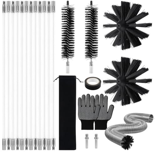 21pcs Chimney Cleaning Brush Kit, Flexible Chimney Sweep Set, Rotary Chimney Cleaning Tool with 12 Flexible Rods+2 6Brush Heads+2 Dryer Lint Brush+Accessories, for Flue Fireplace Dryer
