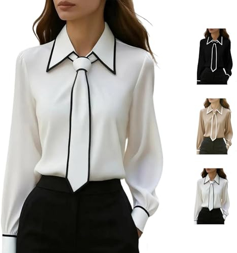 Camicia da donna con bottoni con cravatta elegante slim lavoro lavoro a maniche lunghe camicia in raso cravatta camicetta elegante casual ufficio top, bianco, XXL