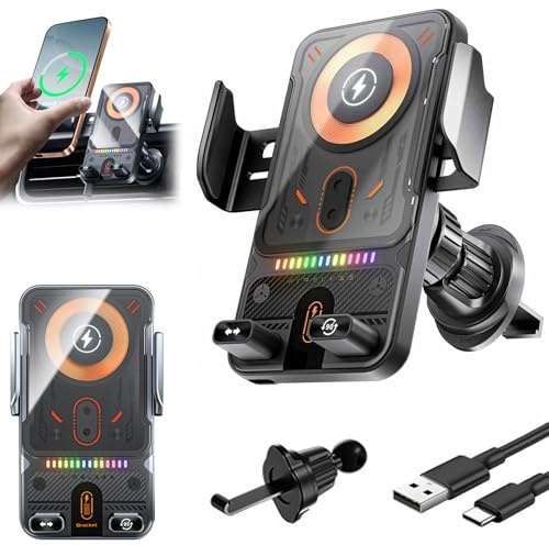 Intelligenter 2-in-1-Autotelefonhalter mit automatischer Drehfunktion und kabellosem Ladegerät, 15W Qi Handyhalterung Auto mit Ladefunktion & RGB-Licht, Induktive Ladestation Auto für Handy (Schwarz)