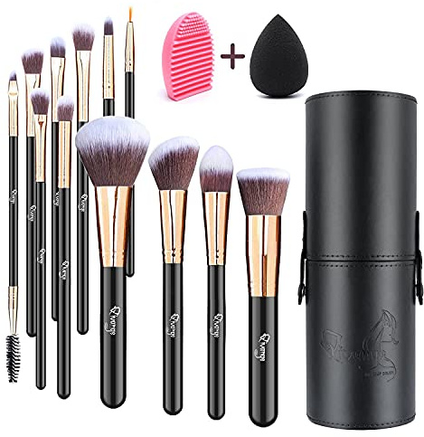 Makeup Brushes, Qivange 12pcs Makeup Brush Set with Holder Foundation Brush Eye Makeup Brushes Eyebrow Brush Full Set with Blending Sponge and Makeup Brush Cleaner(Black with Rose Gold)