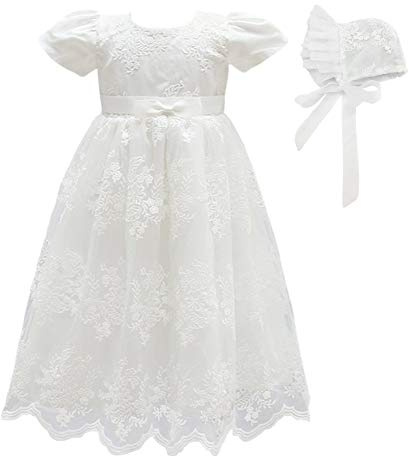 Glamulice Baby flickor blomma dop klänning formell fest speciella tillfällen klänningar för småbarn, Benvit klänning och hatt, 0-6 månader