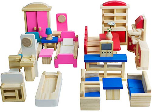 Seanmi Wooden Dollhouse Furniture - 5 Sets, 1:12 Scale Doll House Furnishings, 35 Pieces of Dollhouse Accessories (Living Room, Kitchen, Dining Room, Bedroom, Bathroom)