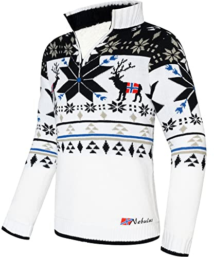 Nebulus Herren Strickpullover Fria, Warmer Strick Pullover mit Kunstfell & Stehkragen, Pulli mit Reißverschluss im Norweger Look