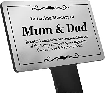 In Loving Memory Mum & Dad Memorial Stake - Brushed Aluminium Plaque on Acrylic Stake for Garden, Grave Decoration, or Temporary Grave Marker