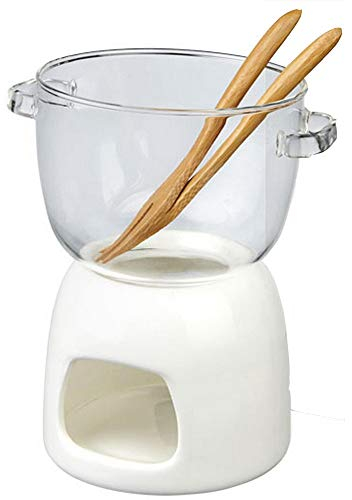 TAMUME Vidrio Set de Fondue de Chocolate, Pack de Olla de Fondue de Vidrio y Calentador de Porcelana con Tenedor para Fondue