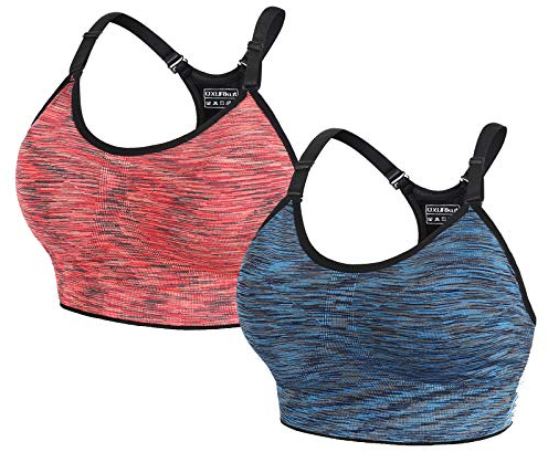 2 Stücke Sport BH Damen Push Up Sport Bustier Ohne Bügel Starker Halt Gepolstert Verstellbare Träger Sports Bra für Yoga Running Fitness BHS (Blau Orange, L)