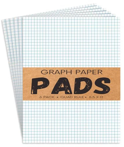 1InTheOffice Graph Paper Pad, Graphing Paper, Graph Paper Loose Leaf, Graph Paper Pads 8.5 x 11, Quad Ruled, 50 Sheets/Pad, 6 Pack