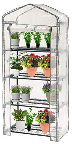 Taylor & Brown 4 Tier Mini Greenhouse Cold Frame Reinforced White PE Plastic Outdoor Garden Steel Frame Plants Four Shelf Grow House - W69 x D49 x H160cm