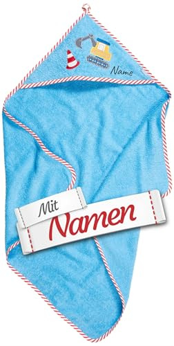 LALALO Playshoes Bagger Kapuzenhandtuch mit Namen Bestickt - Playshoes Baby Jungen Kapuzentuch Baustelle, Blau, 75x75cm, Bestickt, Bagger-Motiv an der Kapuze, Geschenk zur Geburt Taufe Kita-Start