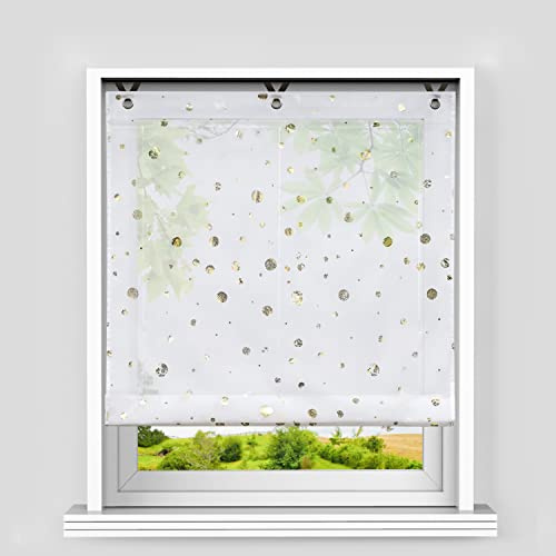 Heichkell Raffrollo mit Ösen, Rollo Küche Glänzende, Gold BxH 100x130 cm | Voile Moderne Raffgardine ohne Bohren, Kleinfenster Kreise-Dekomuster