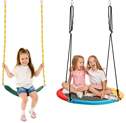 COSTWAY Set of 2 Children Swings, Belt and Nest Swing Seat with Adjustable Hanging Ropes, 2 Hanging Ways & Easy Setup Swing Set for Kids