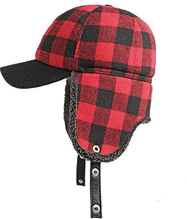 DEPAJA Russische Mütze Winter-Bombermützen Männer Verdicken Russische Trappermütze Ohrenklappe Baseballmütze Karierte Winddichte Bombermütze Für Frauen,Rot,56-58Cm
