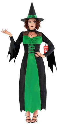 Morph Disfraz Bruja Mujer Adulto Vestido Escote Corazón Manga Larga Sombrero Puntiagudo Negro Halloween Carnaval
