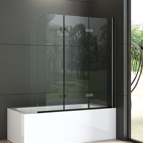 Goezes Duschwand für Badewanne 130x140cm 3-teilig Schwarz, Faltbar Duschtrennwand Glas Badewannenaufsatz, Dreifaltigkeitstür Duschabtrennung 6mm Nano ESG Sicherheitsglas Leichte Reinigung